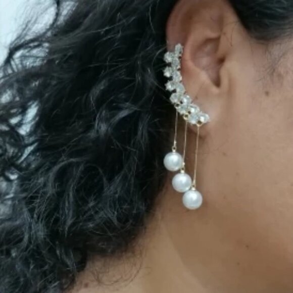 NEW Elegant Rhinestone Dangle Pearl Earrings - Picture 1 of 7